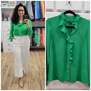J. Crew Emerald Green Ruffle Front Blouse